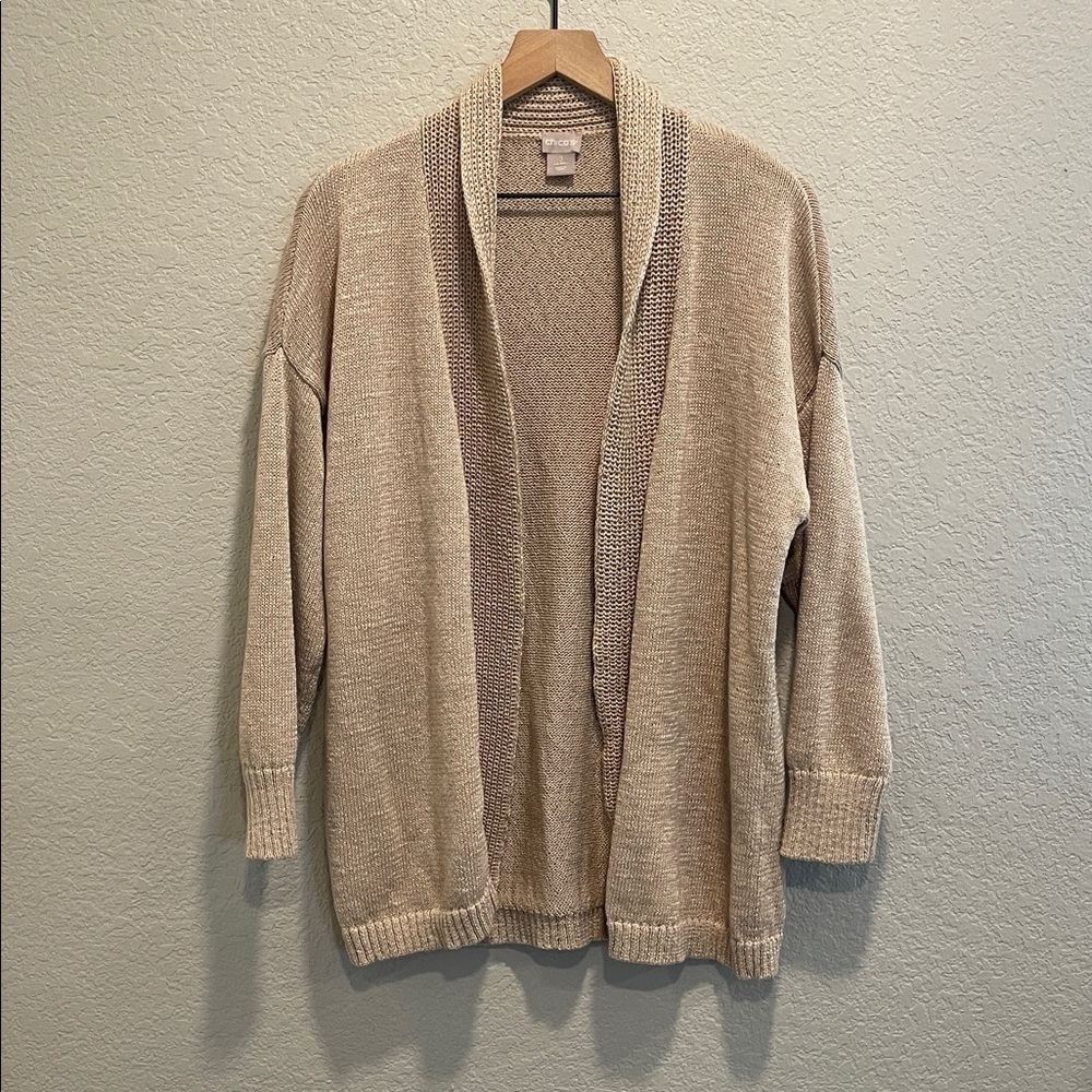 Chico’s Women’s Open Front Cardigan Beige Gold Shimmer Knit Sweater Size Large